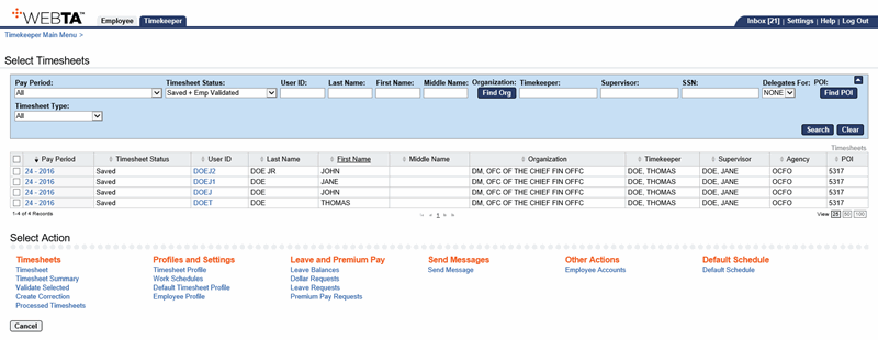 Select Timesheets Page